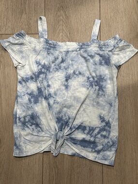 Abercrombie girls kids Blue Tie-Dye Off-Shoulder tie Knot Front top sz 9/10